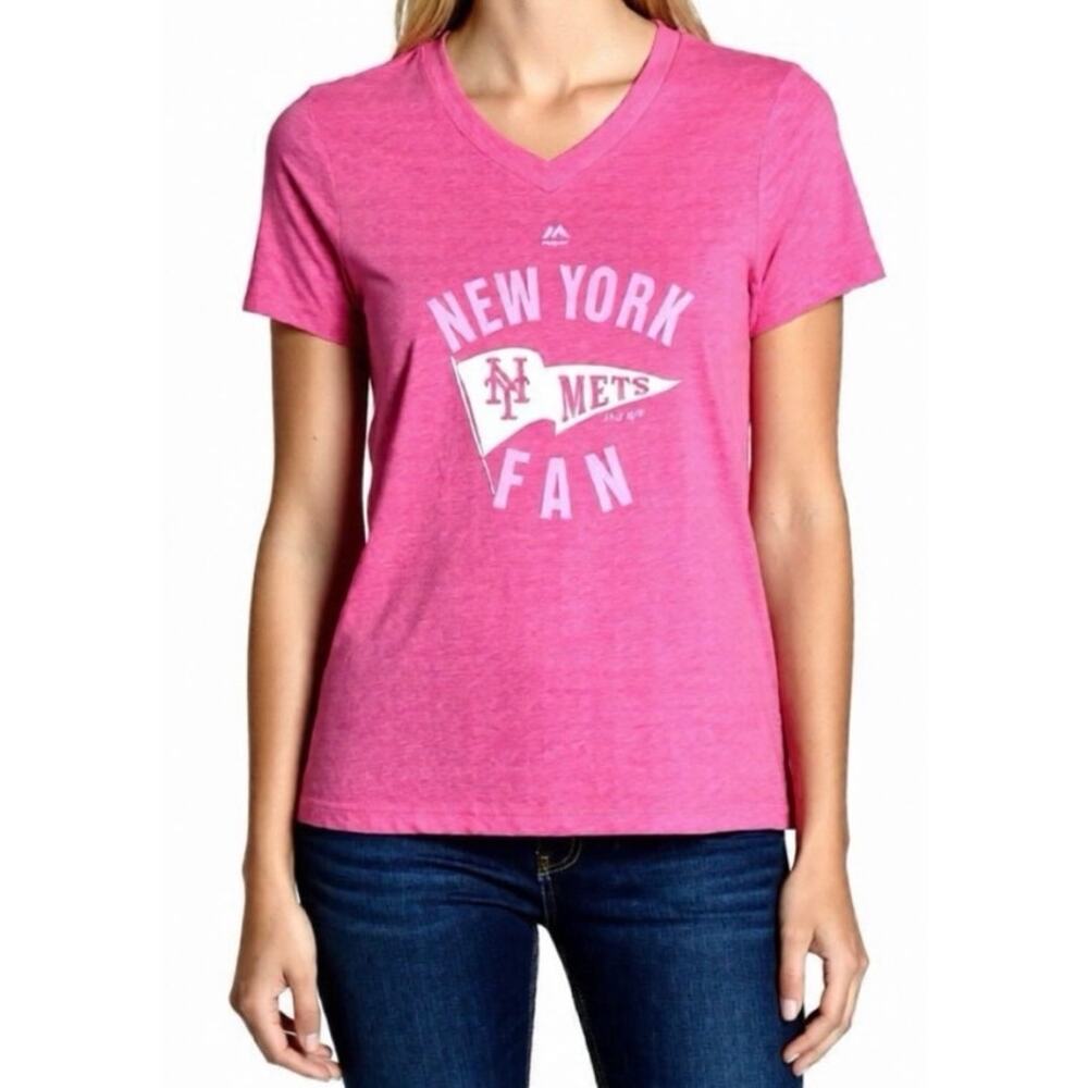 Majestic Girl's Youth Pink New York Mets Jersey Stars V-Neck T-Shirt Size XL 16